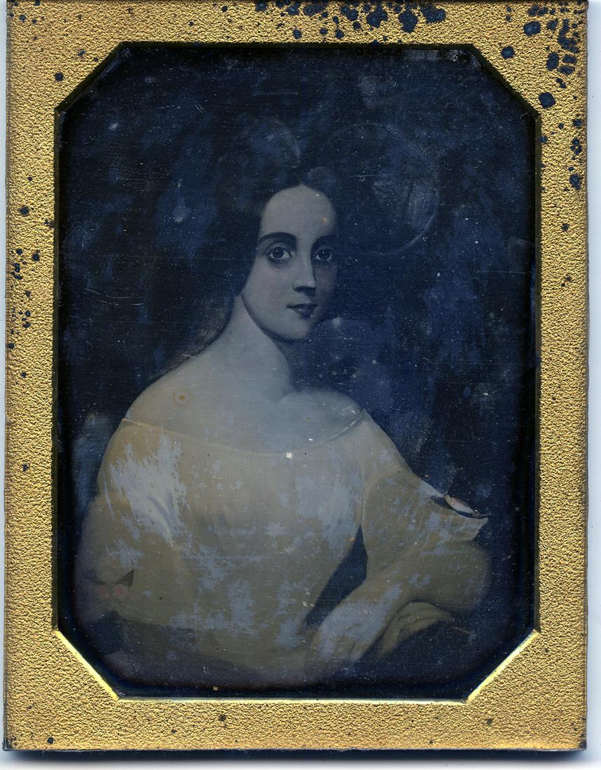 W & F LANGENHEIM, Philadelphia. Painting of a woman.: W & F LANGENHEIM, Philadelphia. Painting of a woman. ½ plate daguerreotype with hand coloring. The painting has a similarity to some by Thomas Sully, but no identification has been established.