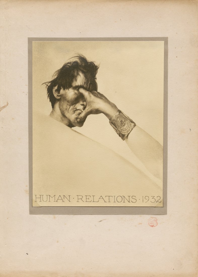 "HUMAN RELATIONS. 1932" by WILLIAM MORTENSEN.: "HUMAN RELATIONS. 1932" by WILLIAM MORTENSEN. 7 ¼ x 5 3/4-inch vintage matte gelatin silver print tipped onto gray paper, that is in turn tipped onto a 12 ½ x 8 ¾- inch sheet, with Mortensen's red 