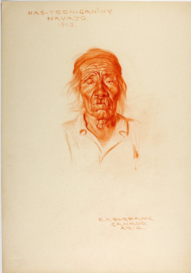 HAS-TEEN-GAH-HY, Navajo, 1910 crayon by E. A. Burbank.: HAS-TEEN-GAH-HY, Navajo, 1910 by E. A. Burbank. Conte crayon sketch by Elbridge Ayer Burbank, with hand-lettered title, date, and his Ganado Ariz signature. On 15 x 10 ½ - inch sheet, with "Neptune" 