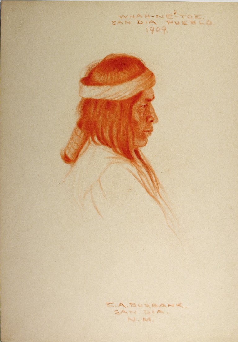 WHAM-NE-TOE, San Dia Pueblo, 1909. Crayon by Burbank: WHAM-NE-TOE, San Dia Pueblo, 1909. Conte crayon sketch, a fine profile, on 15 x 10 ½ - inch paper. Hand printed title and "E. A. Burbank, San Dia, N. M. " Another nice profile.