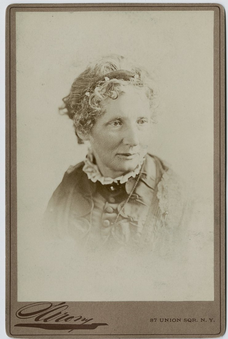 HARIETT BEECHER STOWE. SARONY CABINET CARD: HARIETT BEECHER STOWE. Cabinet card by Sarony, NY. This vignette portrait shows a gentle face. Clean, slightly light.