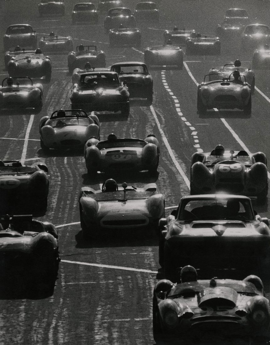 SEBRING AUTOMOBILE RACE, 1963, by Flip Schulke: AUTOMOBILE RACE, 1963, by Flip Schulke. 13 1/2 x 10 1/2 gelatin silver print. The image goes right to the edges. The margins were possibly trimmed [by Schulke.] Signed by Schulke with "Vintage Print b