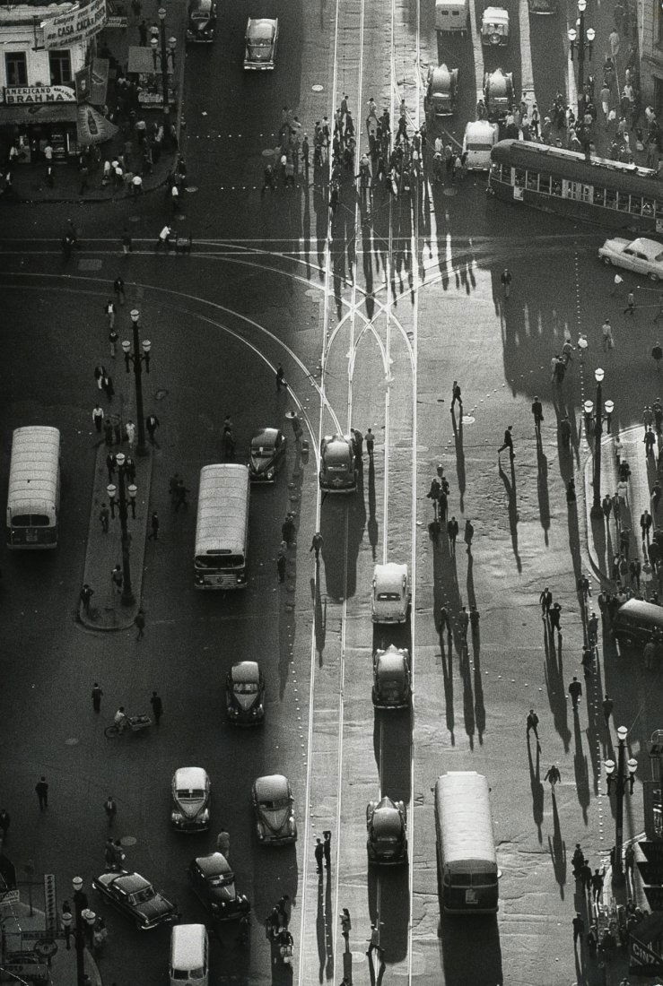SAO PAULO BRAZIL 1960 BY RENÉ BURRI: SAO PAULO BRAZIL 1960 BY RENÉ BURRI. 10 x 6 5/8 gelatin silver print signed and titled on verso, with Burri's Magnum copyright stamp, other stamps and notations. Slight wear to lower left corner.