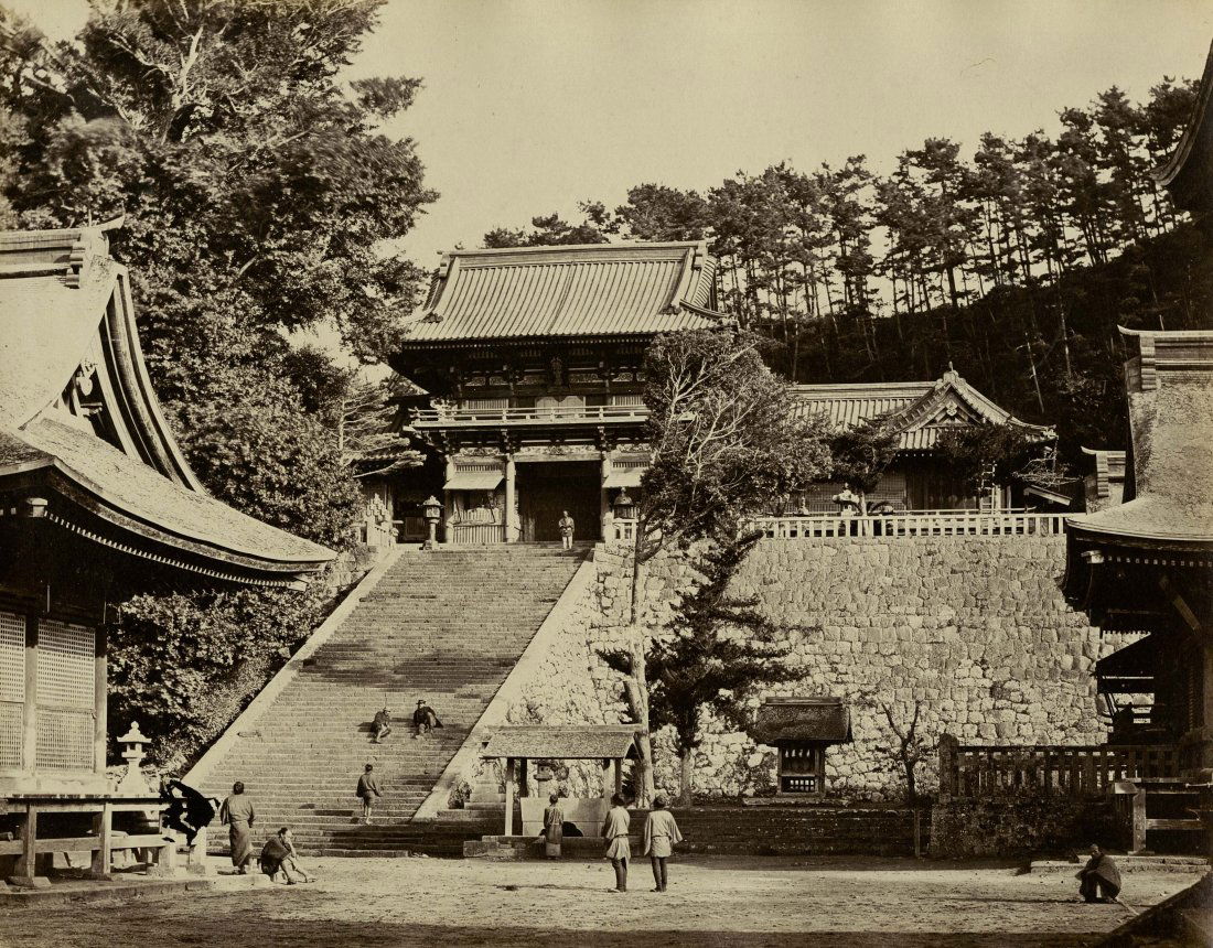 FIVE VIEWS OF JAPAN BY FELICE BEATO.: FIVE VIEWS OF JAPAN BY FELICE BEATO. Albumen prints on the original 12 x 17 ¾- inch mounts from an album. Prints are 9 ¼ x 11 ½- inches or the reverse. There are large labels on the verso with titl