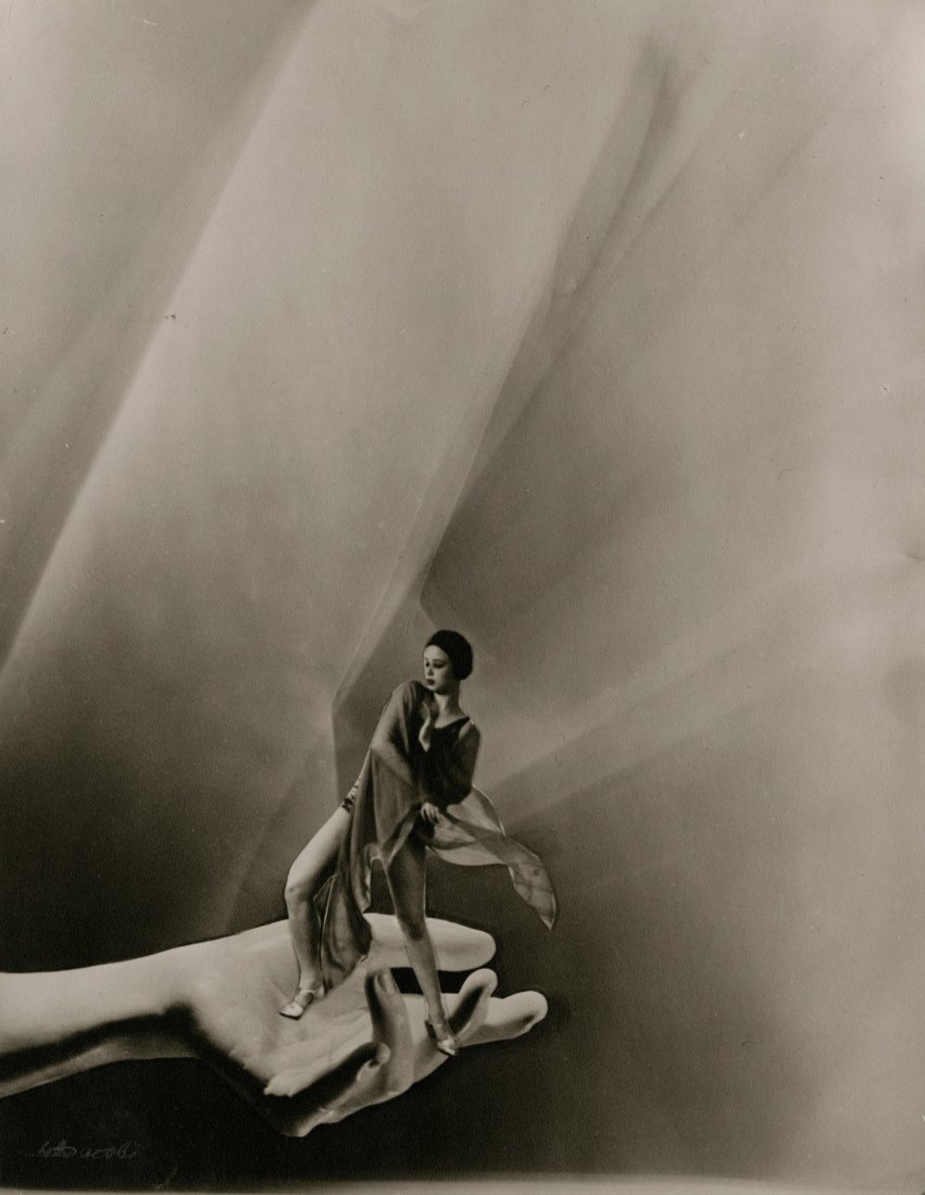 DANCE PHOTOMONTAGE BY LOTTE JACOBI: PHOTOMONTAGE BY LOTTE JACOBI. 10 x 7 ¾- inch platinum print, ca. 1930, signed in pencil in lower left. The dancer is the German dancer Niddy Impekoven.