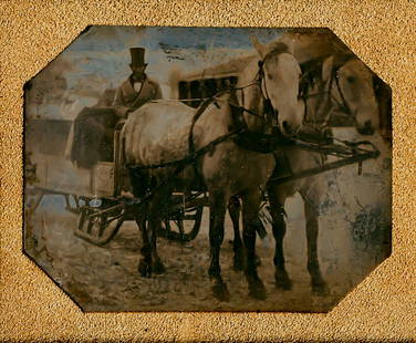 TWO HORSES PULL A SLEIGH-WAGON, 1/6 PLATE DAGUERREOTYPE: TWO HORSES PULL A SLEIGH-WAGON, 1/6 PLATE DAGUERREOTYPE. The coachman is in the box. The horses are brown against the solarized snow and sky. In a stippled octagonal mat, case with silk pad on the ins