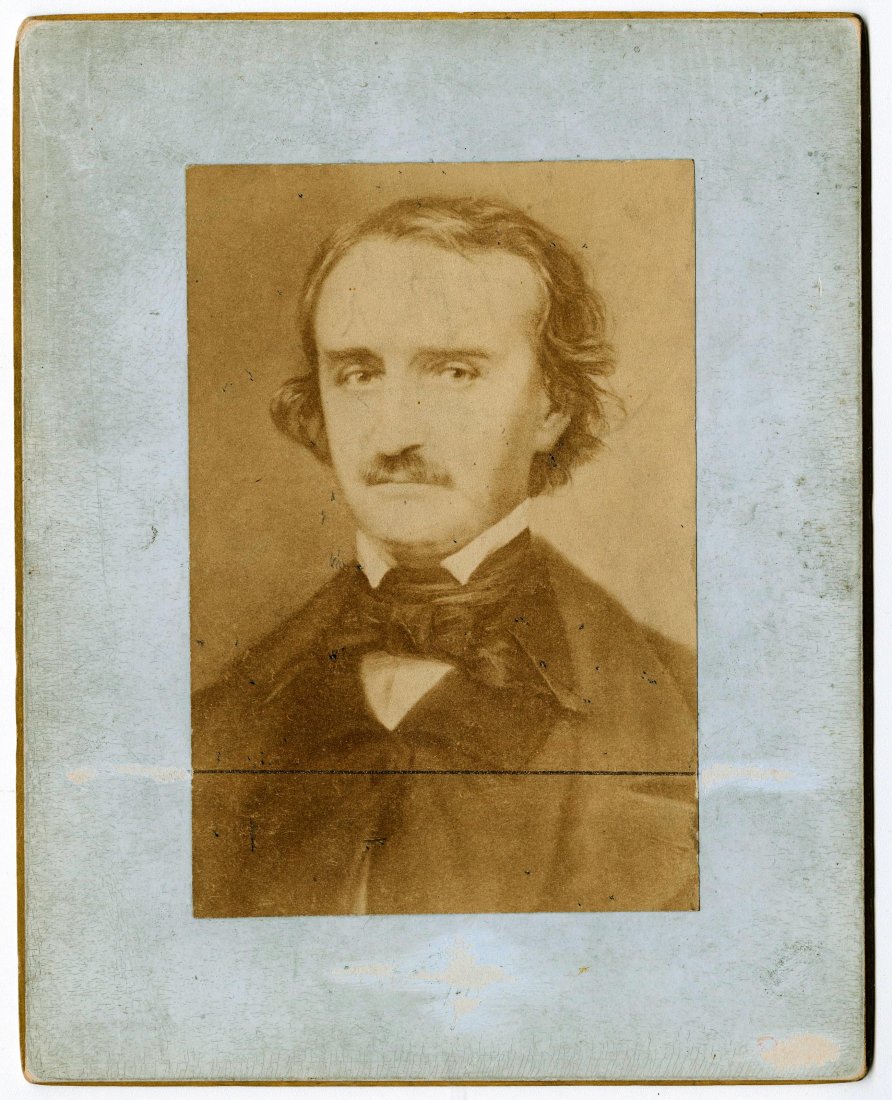 EDGAR ALLAN POE RARE PERIOD SALT PRINT: EDGAR ALLAN POE. 5 ½ x 3 ¾- inch salt print on a heavy light blue mount with gilded edges. REVISED DESCRIPTION: The origins of this image are unclear. According to the Edgar Allen Poe Society websit