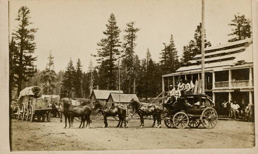 LAWRENCE & HOUSEWORTH CDV, YANK'S STATION: LAWRENCE & HOUSEWORTH CDV, YANK'S STATION. CDV from their Album Views, California. "Yank's Station Valley of Lake Tahoe" in pencil on verso. The stage is drawn by 6 horses, with a wagon at left. Rare