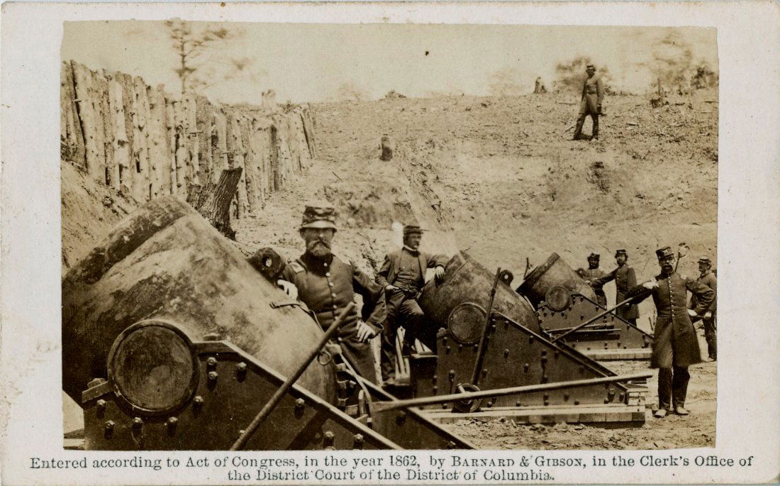 THREE BRADY ALBUM GALLERY, BATTERY NO. 4 – NEAR: THREE BRADY ALBUM GALLERY, BATTERY NO. 4 – NEAR YORKTOWN. All copyright 1862 with credit to Barnard and Gibson. No. 373 is "Mounting 10 18-inch mortars, each weighing 20,000 pounds." It is a good vi