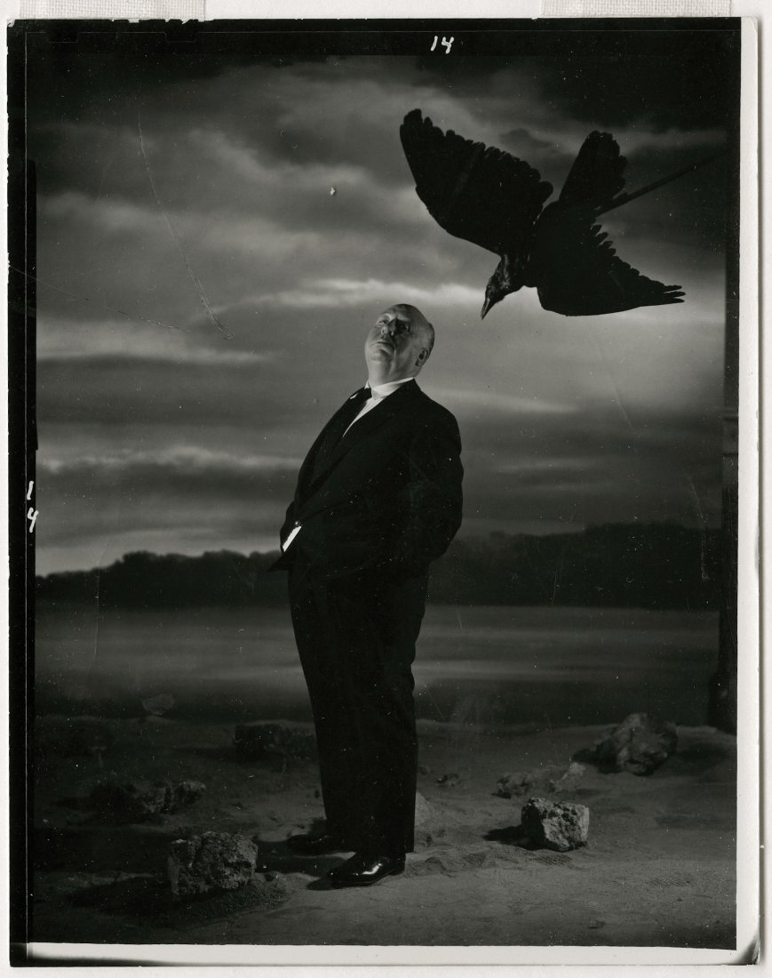 PHILIPPE HALSMAN, HITCHCOCK AND "THE BIRDS": PHILIPPE HALSMAN, HITCHCOCK AND "THE BIRDS." 5 x 4- inch gelatin silver contact print, ferrotyped, with "14" on the top and left edge, 1962. "Copyright by Philippe Halsman" stamp on verso and pencil "
