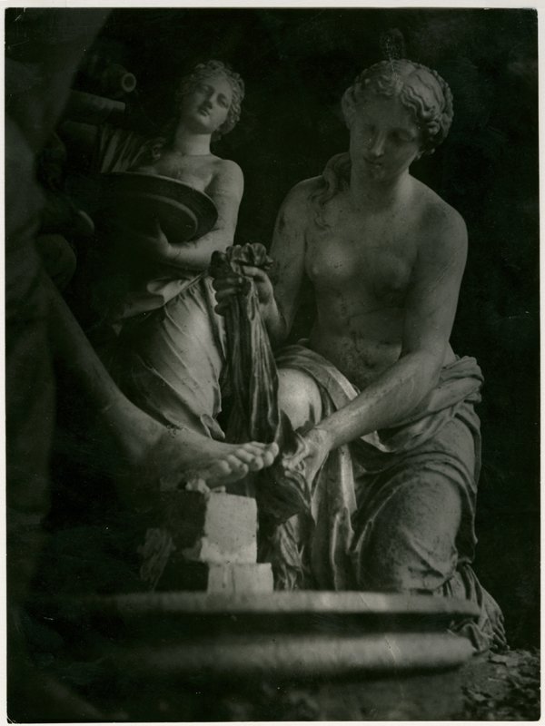 BRASSAI, CLASSICAL SCULPTURE DETAIL: 9 x 7- inch gelatin silver print, on Bravura paper, ferrotyped, 1947, printed 1950. Brassai’s “Rue du Faub’g St. Jacques” stamp on verso, with date, “and MADE IN FRANCE” stamps. The chosen