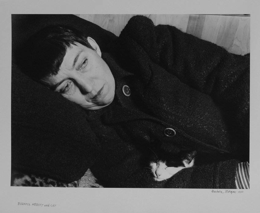 BARBARA MORGAN, “BERNICE ABBOTT WITH CAT” 1942: BARBARA MORGAN, “BERNICE ABBOTT WITH CAT” 1942, printed lat er. 12 x 17- inch image on 16 x 10- inch sheet, titled, signed and dated in ink on the bottom margin. An excellent note is found on the