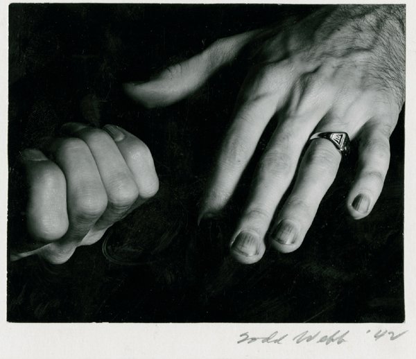 TODD WEBB, “CALLAHAN HANDS DETROIT – 1942": TODD WEBB, “CALLAHAN HANDS DETROIT – 1942" 3 3/4 x 4 5/8- inch gelatin silver print, ferrotyped, dry mounted to a board mount, signed and dated beneath the print, titled and signed on the mount ve