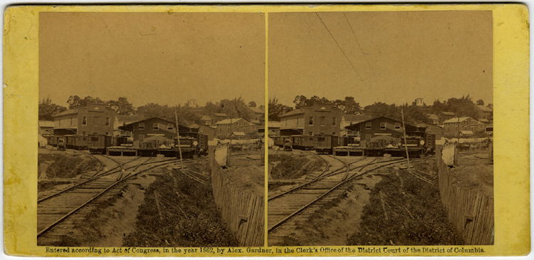 RR Depot at Warrenton, by Timothy O’Sullivan: RR Depot at Warrenton, by Timothy O’Sullivan, Stereo view published by Alexander Gardner on a square-cornered yellow mount with Gardner’s 1862 copyright beneath the prints. This is view number 535