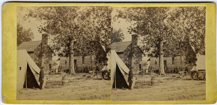 Former slaves at Fair Oaks, by Gibson.: Former slaves at Fair Oaks, by Gibson. No copyright line on recto. Published by Gardner, credit to Gibson. No. 478, “Old Frame House of Fair Oaks Battle Field, Pierced by hundreds of bullets, and us