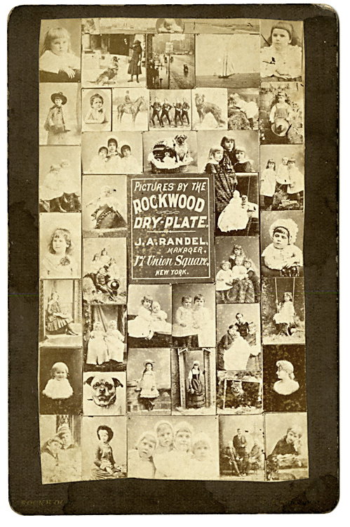 Advertisement for the sale of the Rockwood Dry Plate.: Advertisement for the sale of the Rockwood Dry Plate. 4 5/8 x 3 5/8 –inch print on a 5 3/8 x 3 – inch mount. Many cabinet cards are pictured. The sign has J. A. Randel, Manager, at 17 Union Square