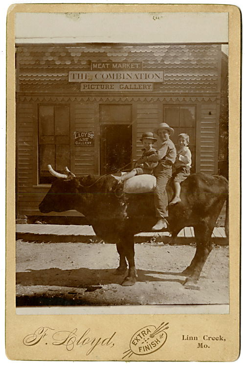 The Combination,” a unique combination of meat market: “The Combination,” a unique combination of meat market and photo gallery, with a sign above the door. Another sign is for “Llyod’s Art Gallery.” There are 3 children on a bull in front. Cabi