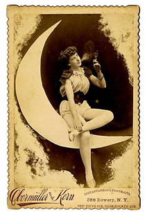 The moon. Five cabinet cards.: The moon. Five cabinet cards. There was a widespread use of the curved shape of an almost quarter moon as an actual studio prop, as well as a motif to show the dexterity of the photographer in making