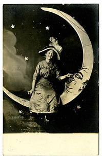 The moon. 13 photo postcards.: The moon. 13 photo postcards. a) A girl in a balloon points at the moon. The title printed in the image is “Don’t be Downhearted.” This is by Davidson Brothers, London. b) A smiling woman in a l