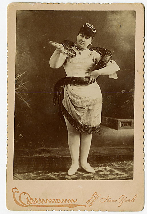 Miss Leland, snake charmer, with a 10-foot snake.: Miss Leland, snake charmer, with a 10-foot snake. Cabinet card by Eisenmann.
