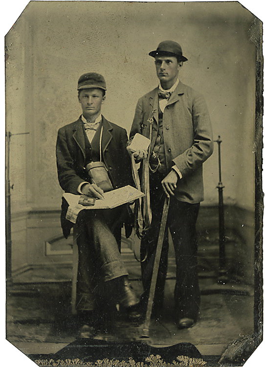 Men with measuring tools and notebook.: Men with measuring tools and notebook. They have been identified as tree surveyors, who measure the girth of trees. This is a very rare occupational image. Uncased CDV size tintype.