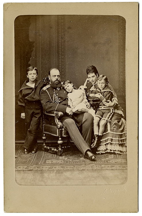 Tsar Alexander III of Russia with his wife Marie: Tsar Alexander III of Russia with his wife Marie Feodorovna and their children Nicholas, George & Xenia, 1878. By Levinsky, in the same format as the previous lot, with Levitsky’s blindstamp and Rus