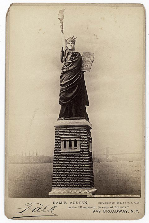 Actresses as the Statue of Liberty.: Actresses as the Statue of Liberty. Two cabinet cards by Falk, New York. a) Ramie Austen. Her figure is placed into a photograph of the base of the actual statue with the bridge and Manhattan behind.