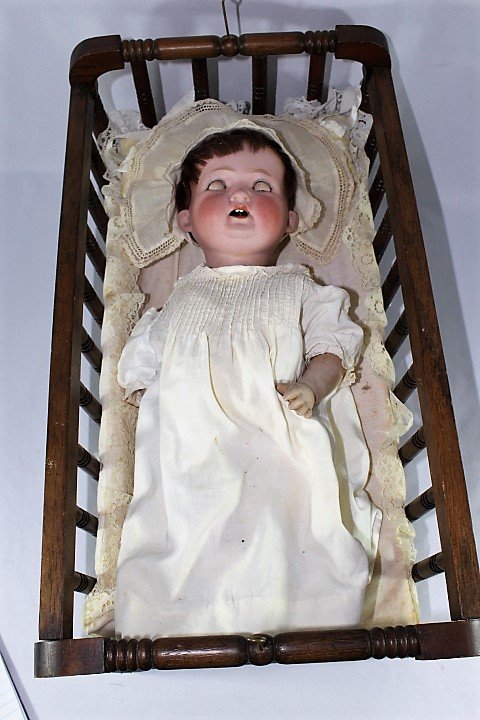 Vintage Morimura Bisque Head Doll and Cradle (1 of 6)