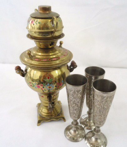 Brass Tea Caddy & 3 Silver Tone goblets (1 of 1)