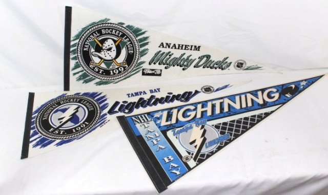 3 Pennants - Anaheim Ducks, 2 - Tampa Bay Lighning: hockey penants, 1 Anaheim and 2 Tampa Bay