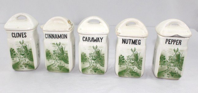 Vintage Spice Set, green & White with Windmill (1 of 3)