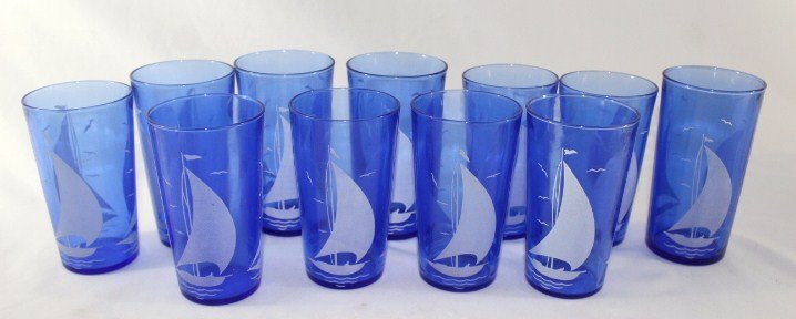 Hazel Atlas set of 11 Sailboat Blue Drinking Glasses (1 of 2)