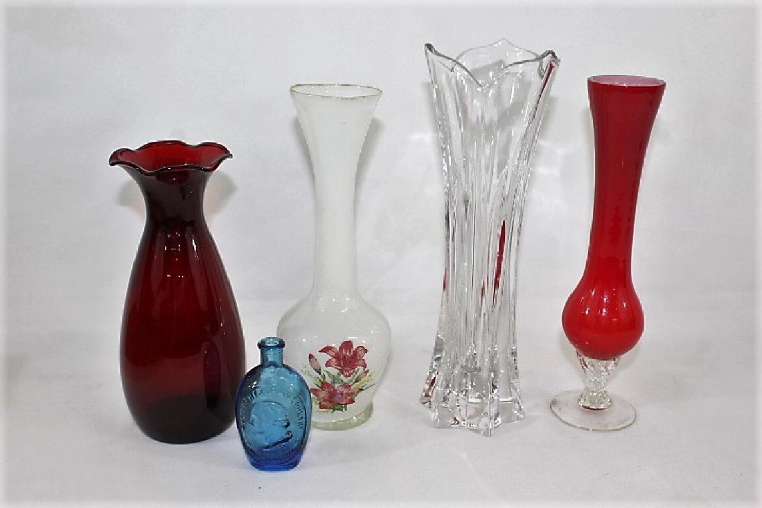 Lot of 5 Vases - 1 crystal, 1 blue, 2 red, 1 white milk (1 of 5)