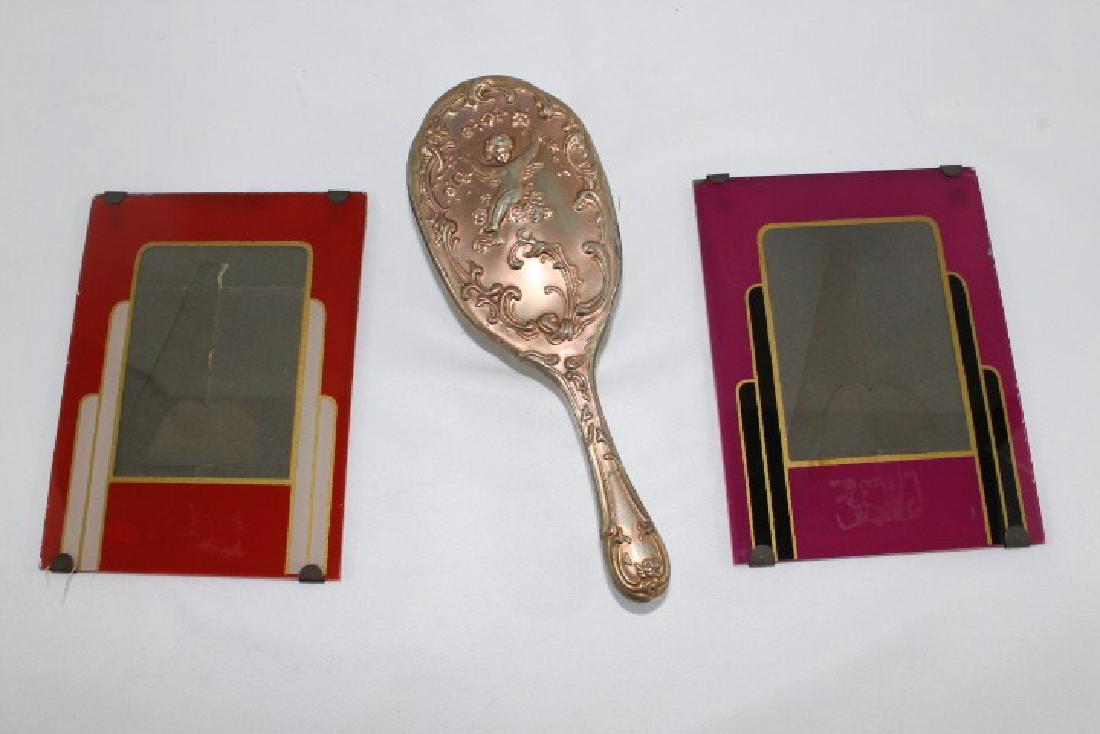 Heavy Metal Angel Brush & 2 1940s Glass Picture Frame: brush measures bout 8 1/4 inches long by 3 inches wide; glass art deco picture frames measures 6 inches by 4 1/2 inches