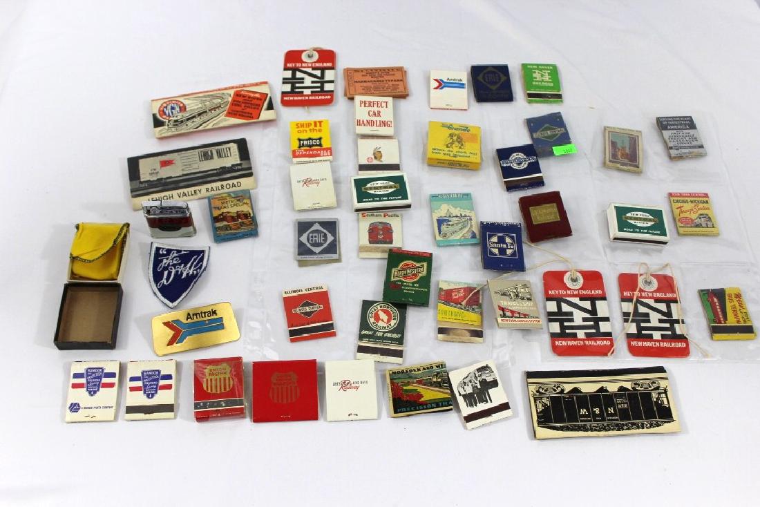 Railroad items; Amtrak Hat Pin; D&H Patch; Matchbooks: Amtrak Hat Pin; NY Central System Lighter; RR Matchbooks Union Pacific, Illinois Central, Chesapeake and Ohio Railway, Chicago Northwestern, NY Central System, Lackawanna, Erie Railroad, Coleman, Firs