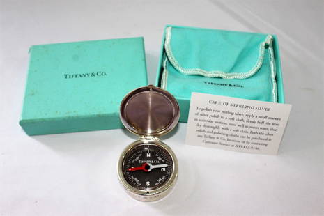 Tiffany & Co. Sterling Silver Compass with Box & Case: 2001 - Tiffany & Co. Sterling Silver Compass in the Box, measures about 1 1/2 inches diameter by 5/8 tall; .925