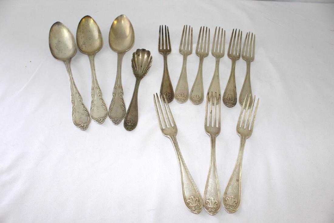 Antique Coin Silver Flatware,3 Large Spoons,9 Forks,1: 3 Serving Spoons Measures 9 inches long, monogrammed MAA, marked Coin on Back, by George Doty of NY; Forks are about 7 inches long, monogrammed with Foot, marked coin on back by JT & E M Edwards - Ret