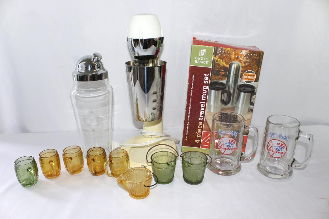 Vintage Assortment of Mugs; Milk Shake Mixer and much: Monogrammed Shaker; Elite Milk Shake Mixer - minor chip - it works and is electric; four piece travel mug set - new in box with case; two NY Yankees Beer Mugs; Four Amber Beer Barrel Shot Glasses; One
