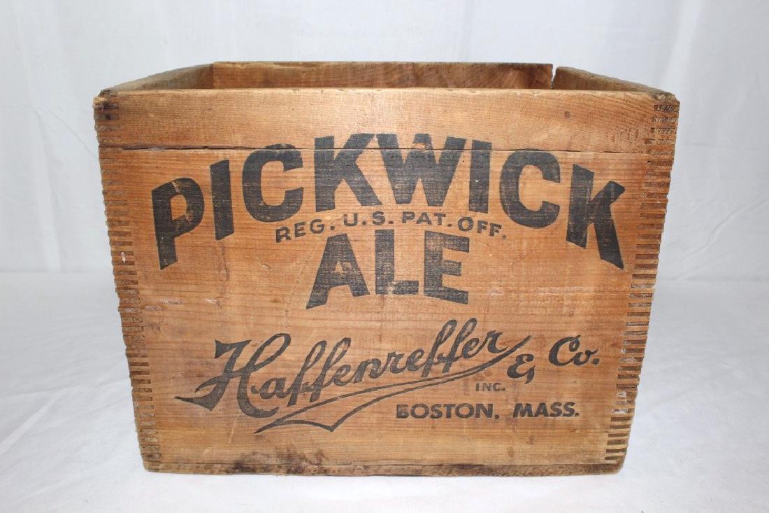 1944 Pickwick Ale Wood Crate Haffenreffer & Co: Haffenreffer & Co, Boston Mass Pickwick Ale Wooden Beer Crate; Great piece of Advertising, measures about 16 5/8 inches by 12 1/2 inches by 12 7/8 inches