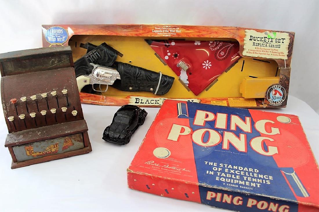 1950s Ping Pong in Box, Black, Avon Car, toy Cowboy set: vintage 1950s Ping Pong Set up in Box, Avon Black Volkswagen Bug; toy Cash Register (doesn't open with buttons) Black Canyon Buckeye Set - missing LR