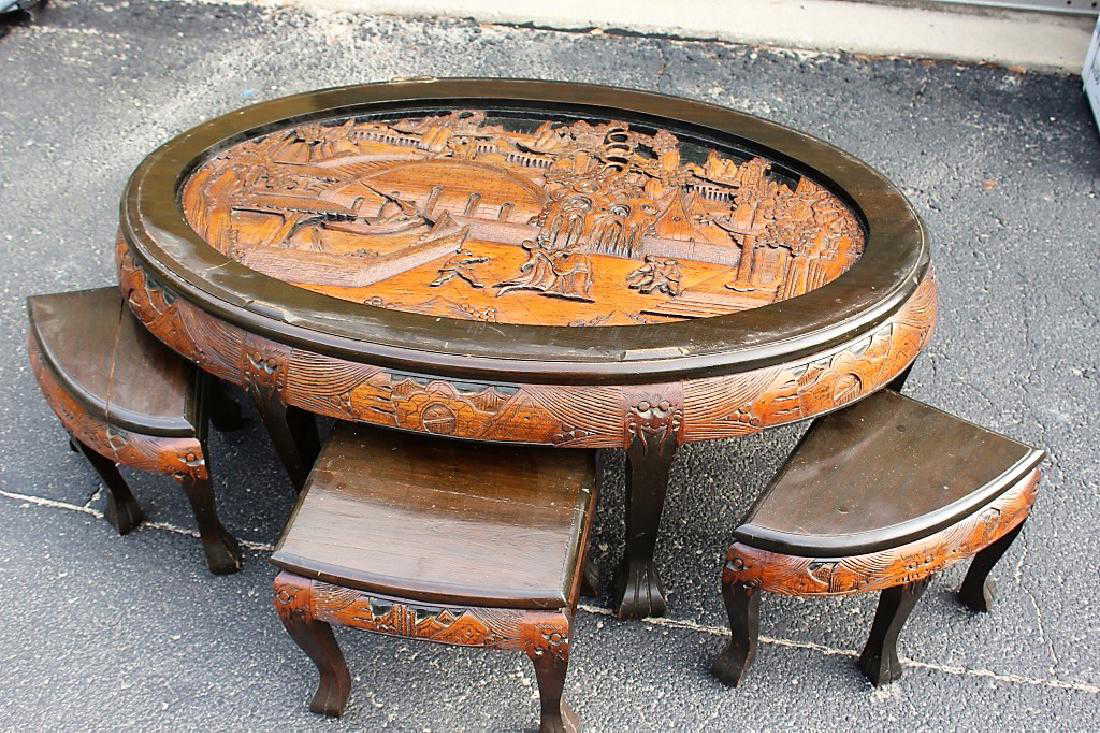 Asian Tea Table With 6 Chairs Hand Carved
