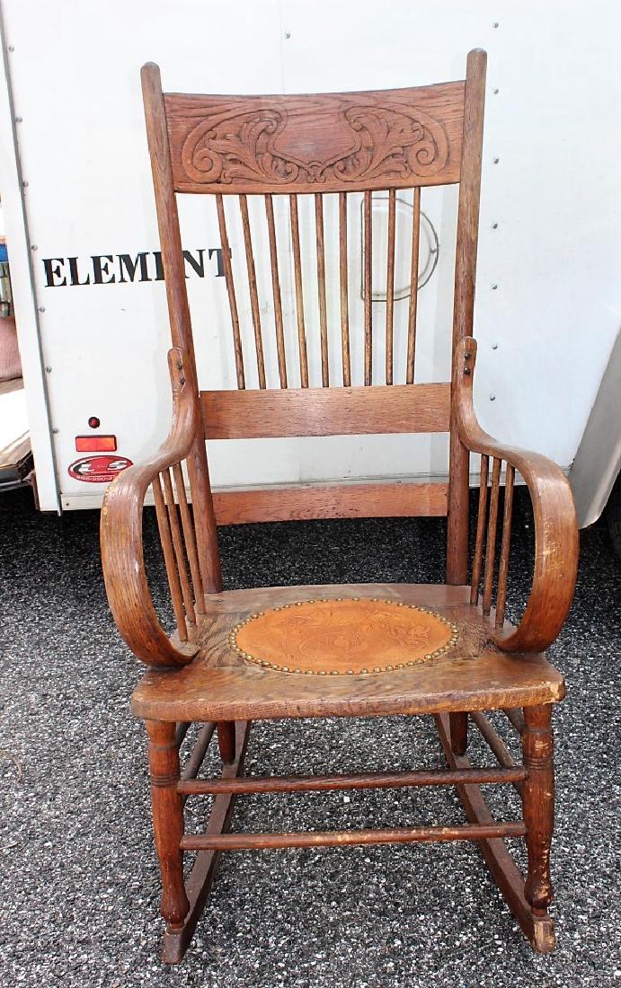 Carved Back Rocking Chair - Leather Seat: in good overall condition, nice carving on the back