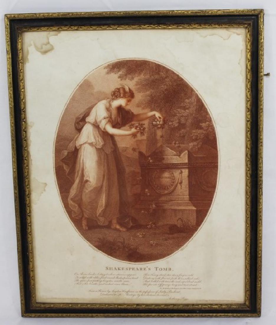 1894 Copy - Shakespeare's Tomb Angela Kauffman: notation on back - a genuine copy from 1894 bought in London -view photos for details - framed measures about 15 1/2 inches by 19 1/4 inches; Engraver Francesco Bartolozzi
