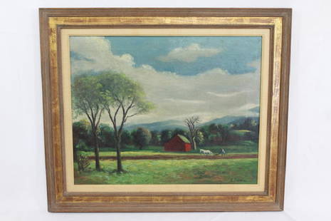 Ernest Fiene Signed Oil on Canvas - Mountain Farm Scene: Pennsylvannia artist Ernest Fiene signed oil on canvas painting of mountain farm scene; measures about 21 inches by 25 inches with the frame