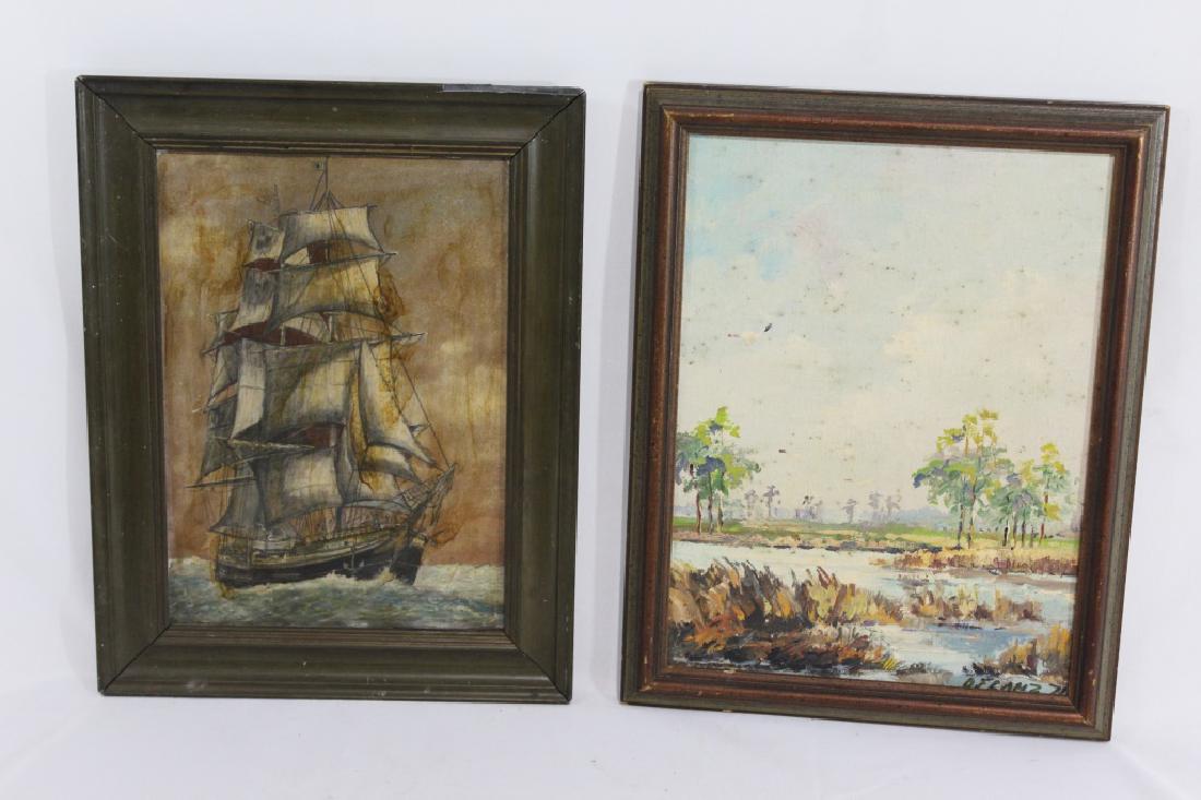 Pair of Paintings - Oil on Canvas & Board: schooner painting on canvas, measures about 10 1/2 inches by 13 inches framed, needs cleaning; Oil on board by D. Franz - Florida Landscape Scene measures about 10 1/2 inches by 14 inches - needs clea