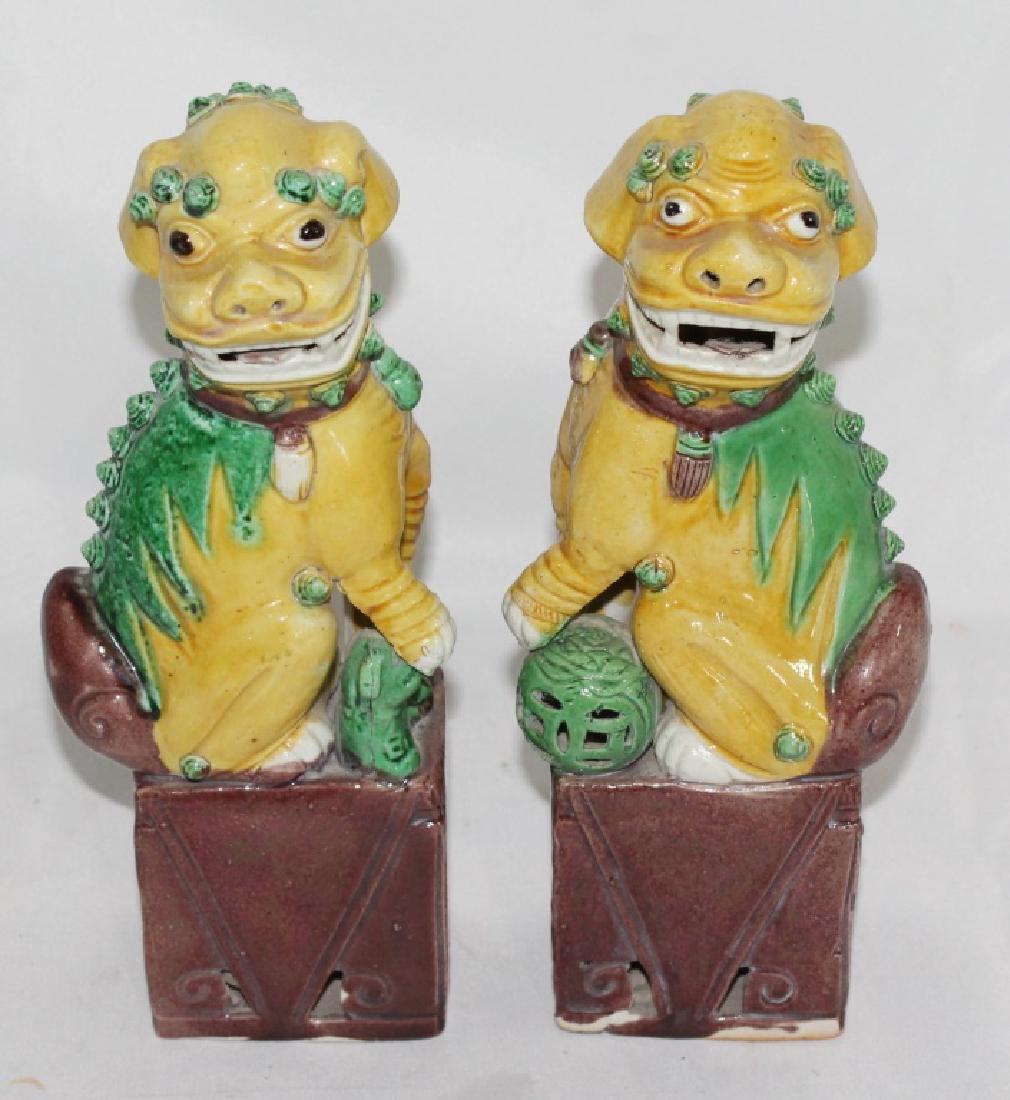 Pair of Ceramic Yellow and Green Foo Dogs (1 of 2)