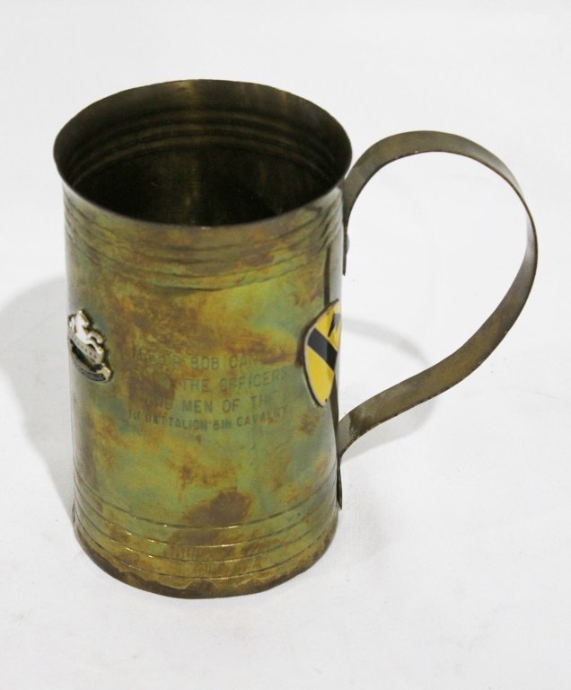 Large Brass Military Drinking Mug: engraved - Major Bob Canady from the Officers and Men of the 1st battalion 8th Calvary; measures about 7 inches tall by 4 1/2 inches wide