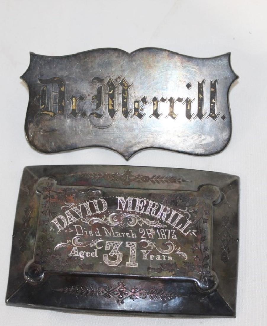 Antique Dr. David Merrill Coffin Plate c.1873: Dr. David Merrill appers to have gone to Havard Medical School - Coffin Plate (Unmarked Sterling) and metal Name PlateSmaller one measures 6 inches y 3 inches; larger measures 6 inches by 4 1/4 inches