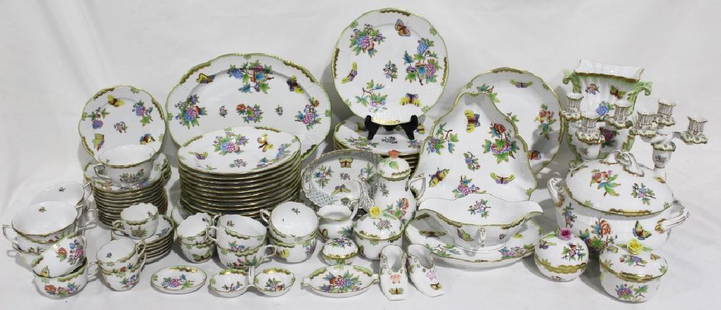 Set of 86 Herend Queen Victoria Pattern China: Herend Queen Victoria Pattern Set includes: 12 dinner plates (about 10" diameter); serving platter (14 1/2 inches by 11 inches); serving bowl (10 inches diameter by 2 inches tall, hairline crack); Tri