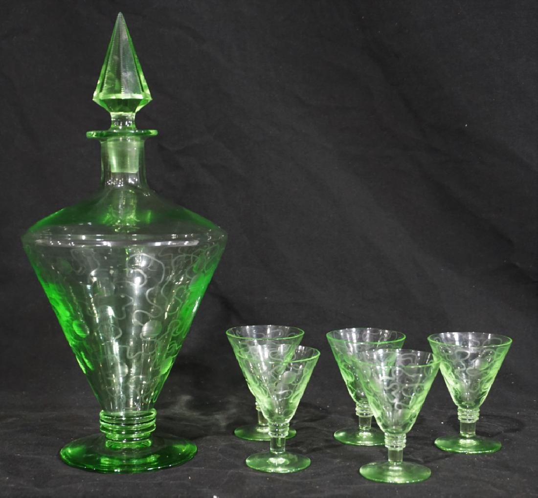 Art Deco Style Green Glass Decanter and Glasses